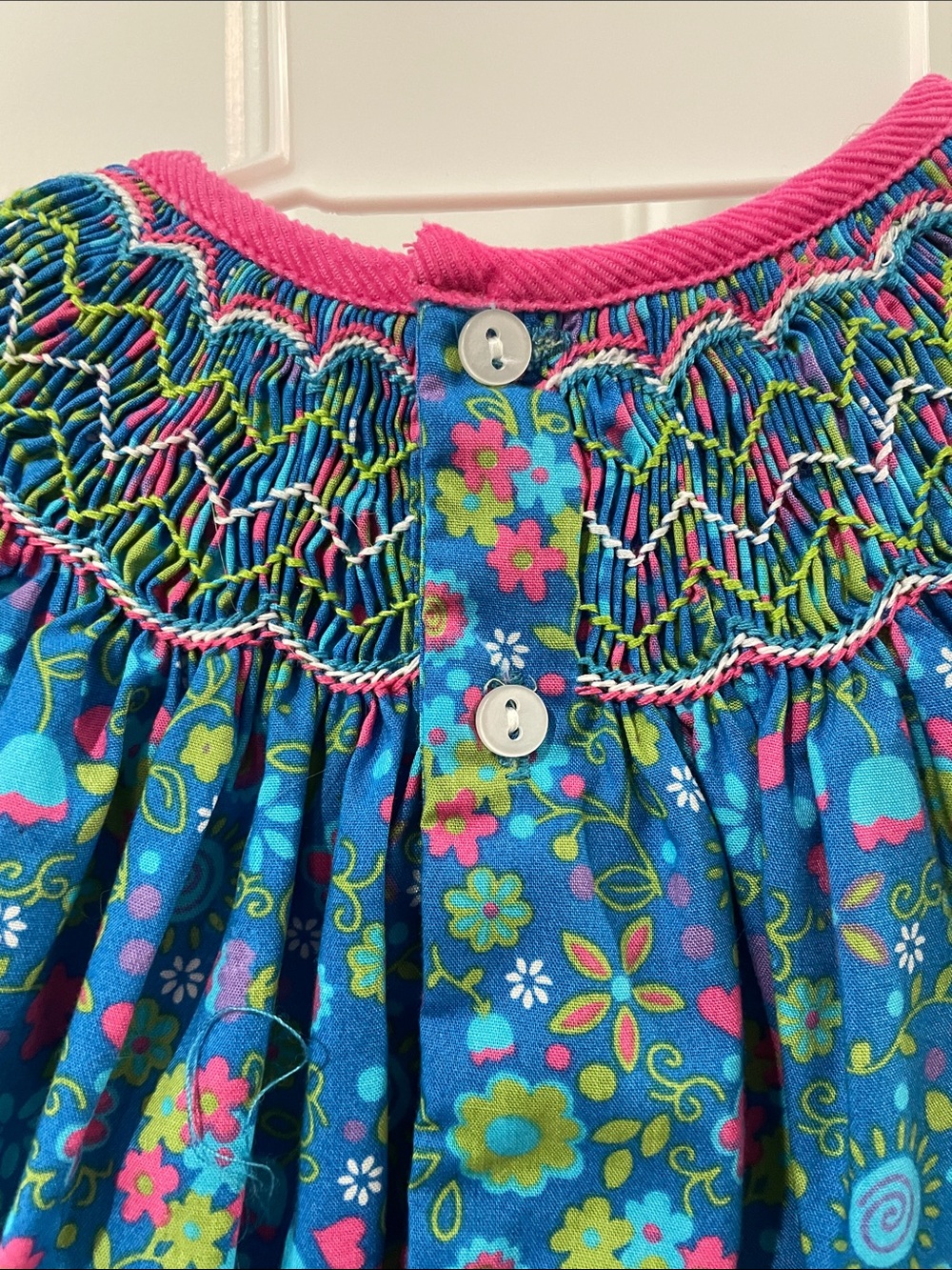 NWOT Petit Ami Blue Smocked Floral Dress with Pink Trim - Picture 3 of 6